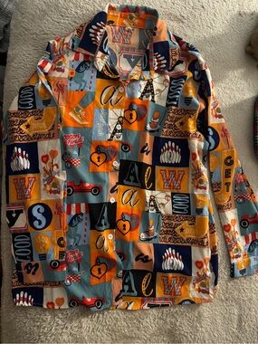 Colorful Patchwork letter bowling heart lock horse car Print Button-Up Shirt